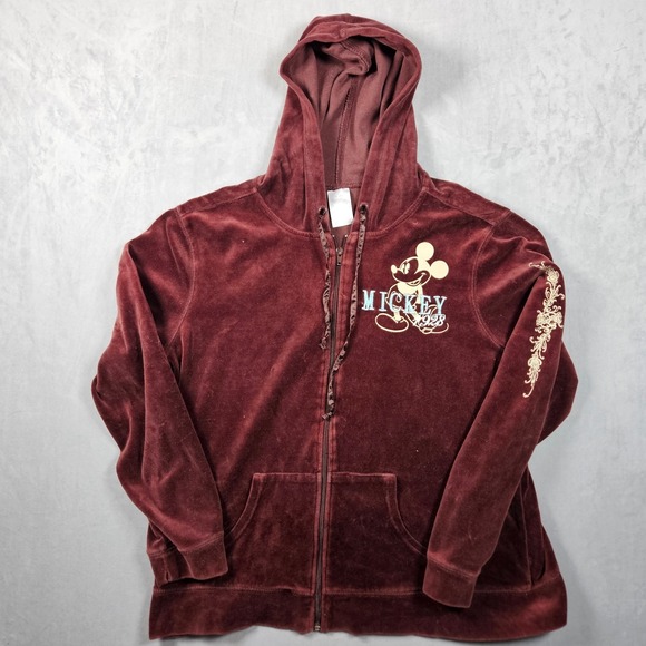 Disney Tops - Disney Hoody Womens XL Mickey 1928 Red Full Zip Sweatshirt Red Velour Embroidery